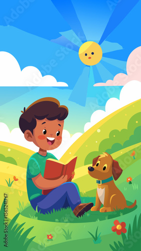 A young boy is reading a book in a field with a dog. The scene is peaceful and relaxing, with the boy and dog enjoying each other's company