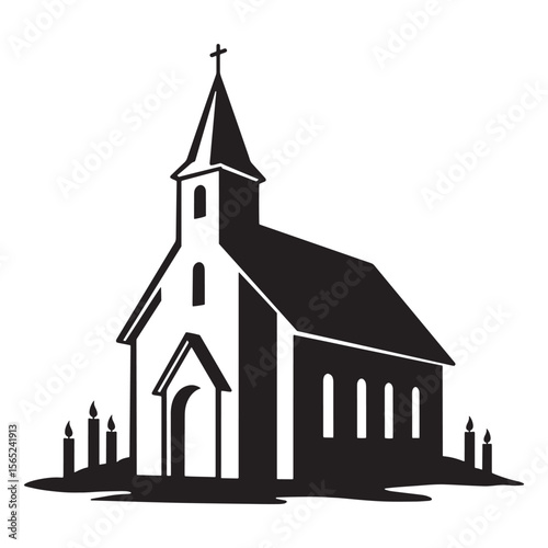 Simple black and white illustration of a church building with candles and cross