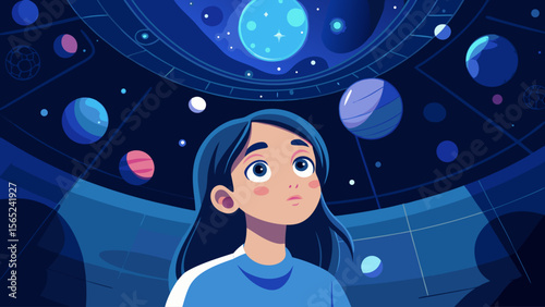 A young girl is staring up at the sky, which is filled with numerous planets. The sky is a deep shade of blue, and the girl appears to be in awe of the vastness of the universe