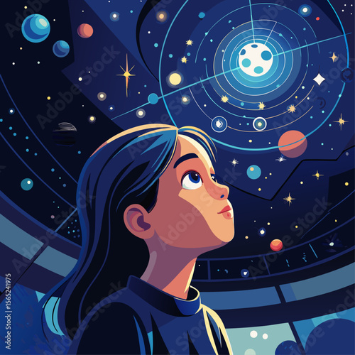 A young girl is staring up at the sky, which is filled with numerous planets. The sky is a deep shade of blue, and the girl appears to be in awe of the vastness of the universe