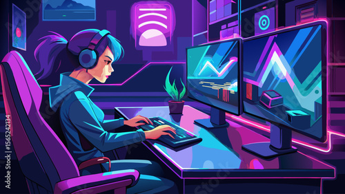 A woman is sitting at a computer desk with a keyboard and a mouse. She is wearing headphones and she is focused on her work. The room is dimly lit, giving it a moody atmosphere