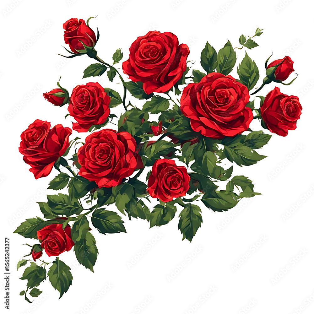 Naklejka premium Cascade of Crimson Roses: A vibrant bouquet of scarlet roses gracefully cascades down, intertwining with verdant leaves, creating a vivid display of nature's elegance and beauty.