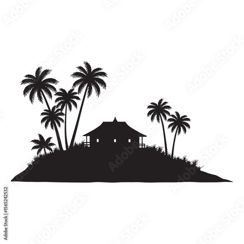 Tropical island retreat silhouette depicting palm trees and a beach house in black and white