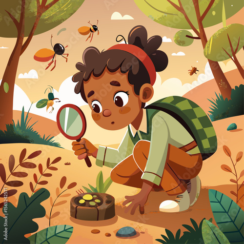 A young girl is looking through a magnifying glass at a bug. The scene is set in a forest with trees and bushes