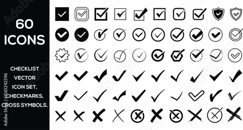 Checklist vector icon set, checkmarks, cross symbols, and clipboard designs vector style. Perfect for task management, to do lists, forms, and productivity related projects