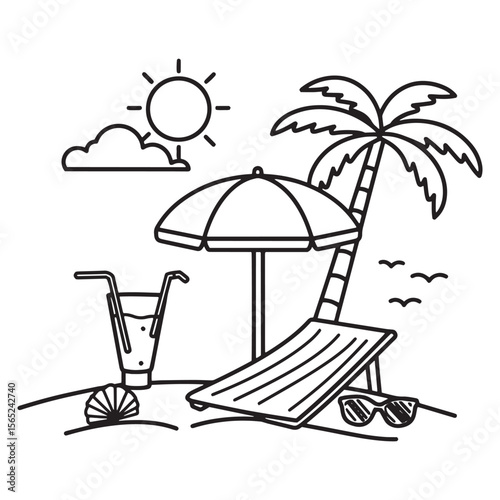 Vector illustration depicting a relaxing summer beach scene with umbrella palm tree and sunglasses