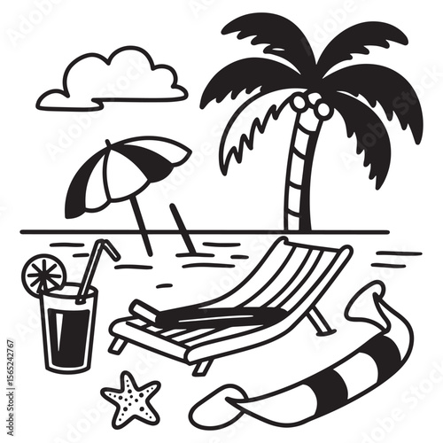 Vector illustration of a relaxed beach scene with a palm tree and vacation elements