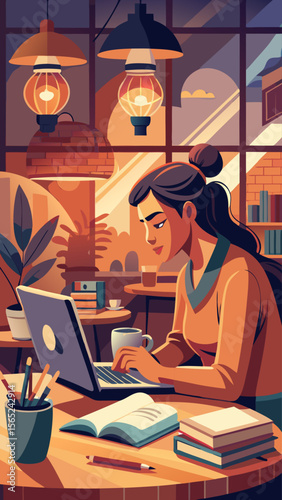 A woman is sitting at a desk with a laptop and a cup of coffee. She is typing on the laptop and she is focused on her work. The scene suggests a typical workday