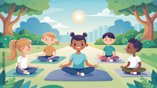 A group of children are sitting in a circle on a grassy field. They are all smiling and seem to be enjoying each other's company. The scene is peaceful and serene