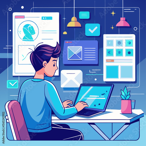 A man is sitting at a desk with a laptop and a potted plant. He is typing on the laptop and he is focused on his work. Concept of productivity and concentration