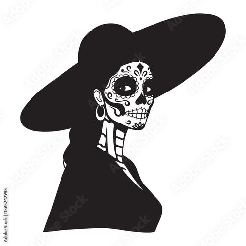 Vector illustration of a sugar skull woman wearing a hat for day of the dead celebration