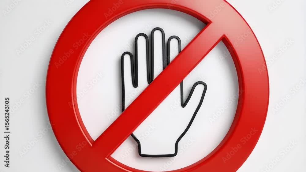 Stylized red prohibition sign with hand, expressing the restriction or ban on touching in a safety or hygiene context, studio shot on white.
