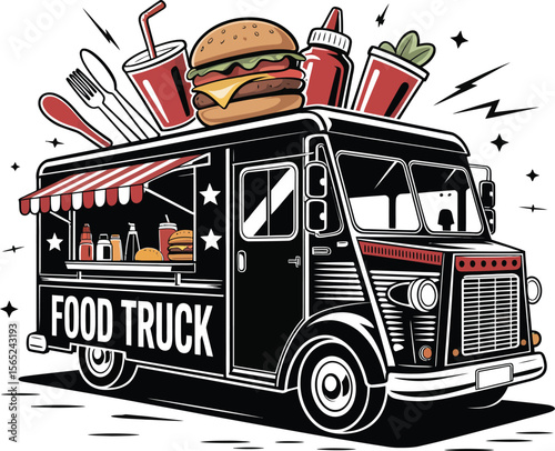 Food truck silhouette vector illustration on a clear white background.