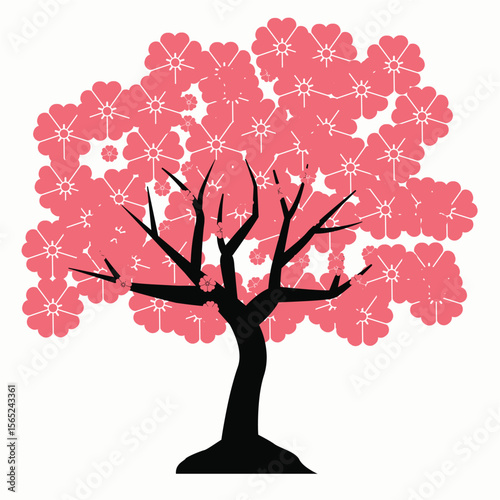 Pink Cherry Blossom Tree Illustration Springtime Floral Art