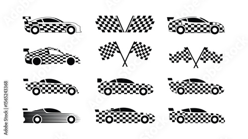 Black and White Racing Cars and Checkered Flags Vector Icons Design Collection