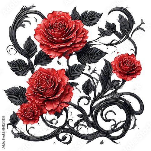 Crimson Blooms: A stunning artwork of crimson roses surrounded by intricate, dark-toned embellishments. The composition exudes elegance, combining the beauty of nature with refined design.