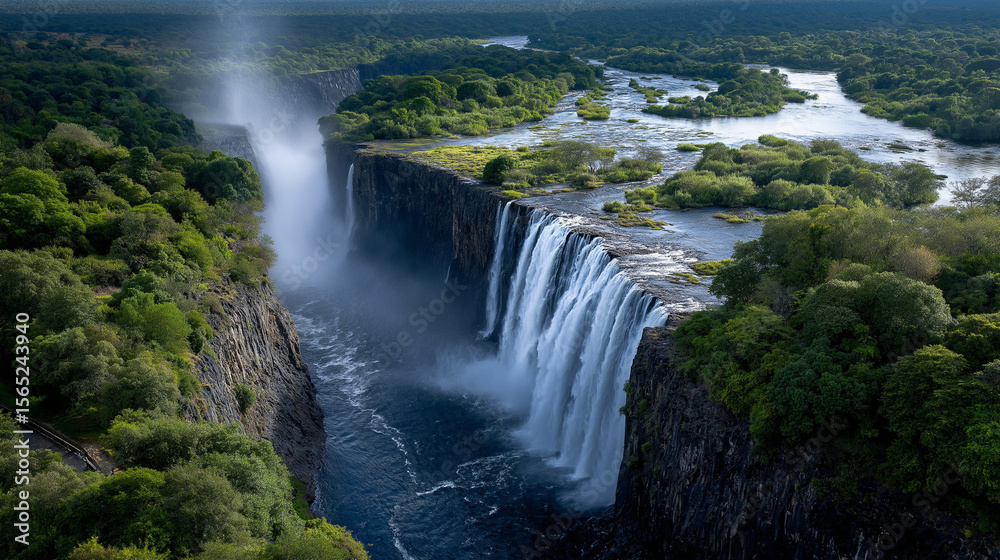 Fototapeta premium Aerial view of Victoria Falls with cascading water and mist.