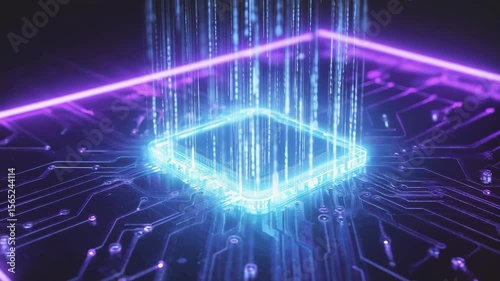 A futuristic circuit board glows with vibrant neon colors as data streams flow across it in cinematic slow motion and soft focus.