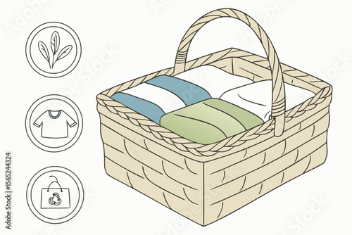 Woven wicker basket filled with neatly folded fresh laundry and eco icons