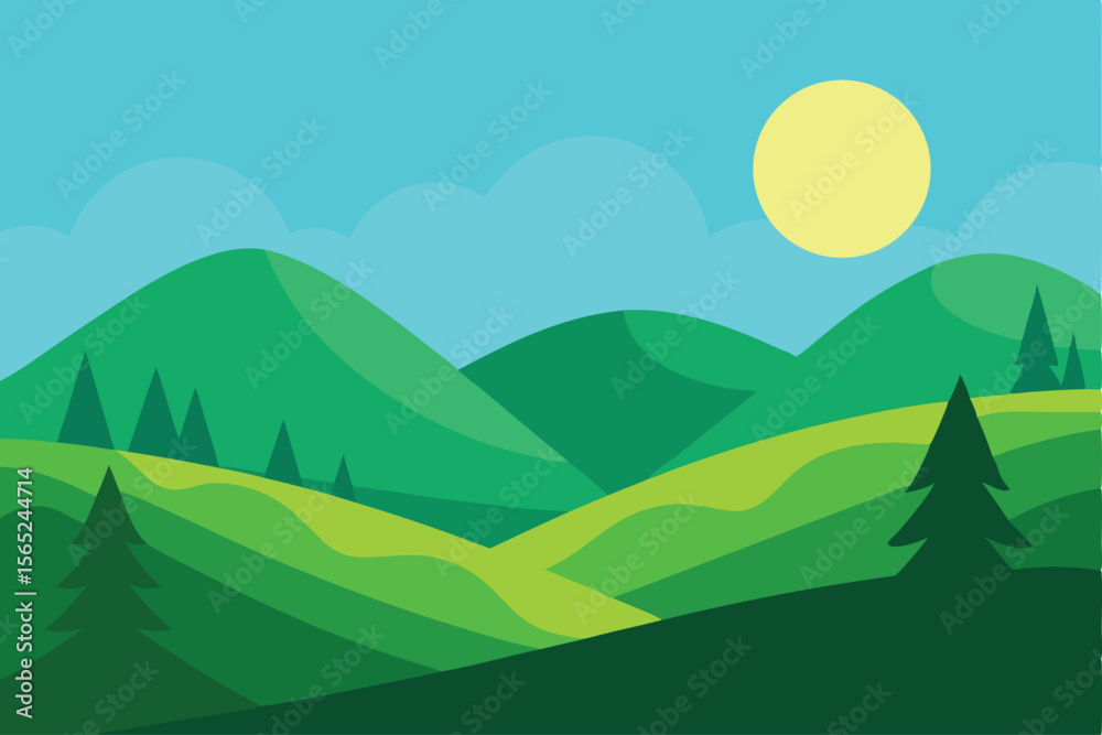 Fototapeta premium Serene Green Hills Landscape Sunny Day in the Mountains Illustration