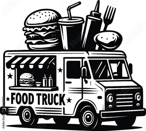 Food truck silhouette vector illustration on a clear white background.