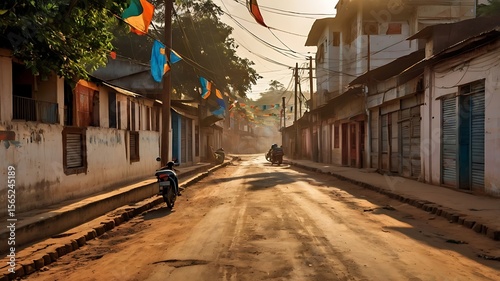 High Angle Quiet Rural India Street Flags Golden Hour HDR