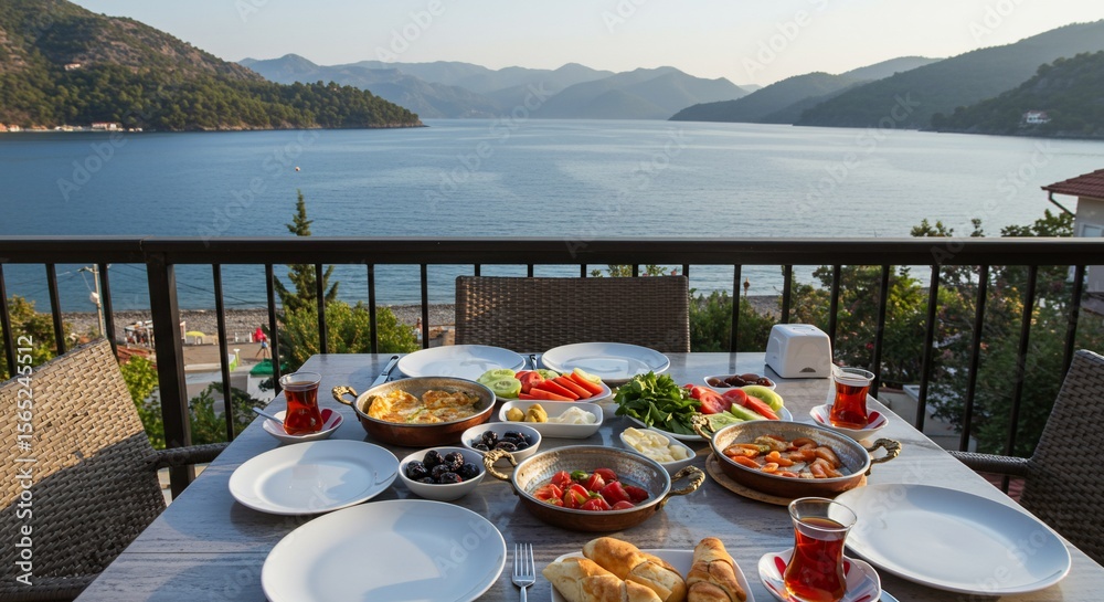 Fototapeta premium Lavish Turkish Breakfast Overlooking Tranquil Aegean Sea and Distant Mountains