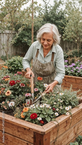 Senior woman gardening in raised flower bed with shovel wearing apron in backyard garden area