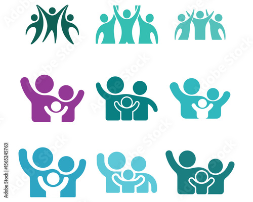 Abstract icons representing family community support and relationships in various colors
