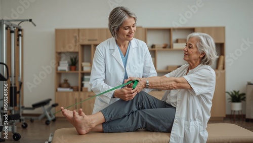 Woman doing resistance band exercise with physical therapist in rehabilitation center setting indoors