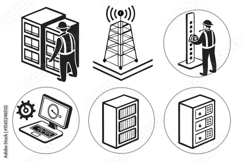 data centar icon set sihouette black vector bundle