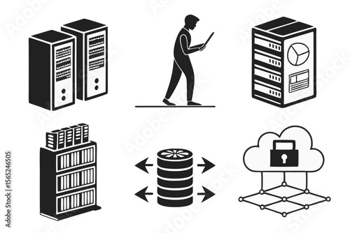 data centar icon set sihouette black vector bundle