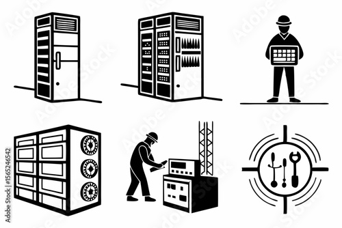data centar icon set sihouette black vector bundle