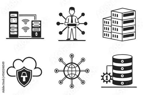 data centar icon set sihouette black vector bundle