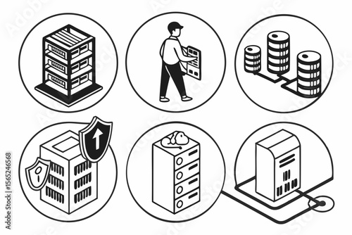 data centar icon set sihouette black vector bundle