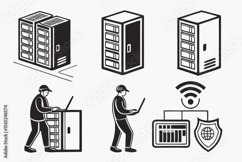 data centar icon set sihouette black vector bundle