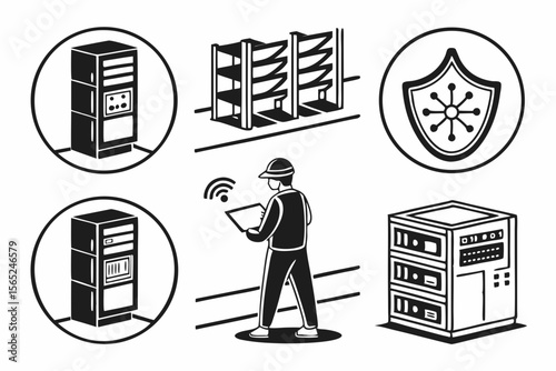data centar icon set sihouette black vector bundle