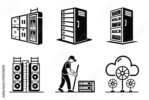data centar icon set sihouette black vector bundle