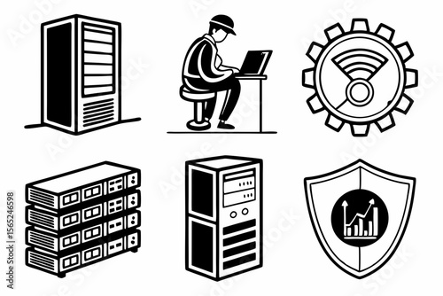 data centar icon set sihouette black vector bundle