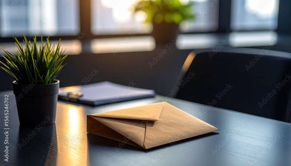 Fototapeta premium Brown Envelope on a Table with Sunlight and Green Plant Background