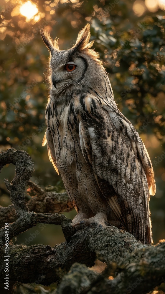 Obraz premium Majestic owl perched on a tree branch bathed in golden sunlight.