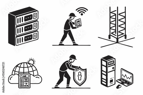 data centar icon set sihouette black vector bundle