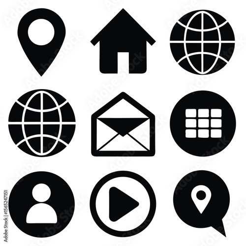 Collection of Common Website and Application Icons Featuring Location, Home, Globe, Email, Menu, and Account Symbols Displayed Neatly