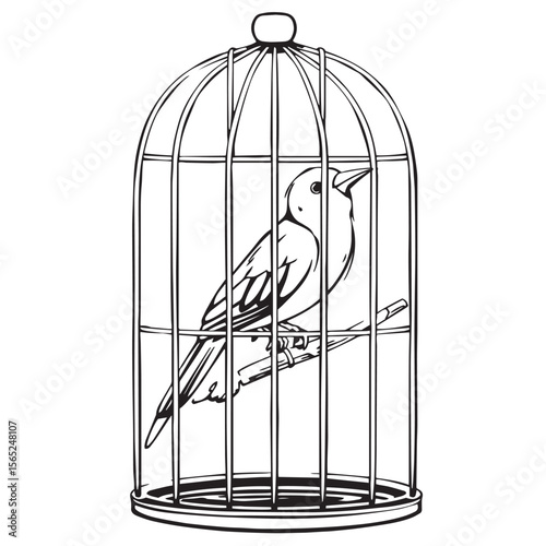 Bird in cage concept black and white vector design illustration.