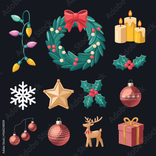 vector Happy New Year Celebrating 2025 in Latin letters , Christmas Decoration Items Santa Claus