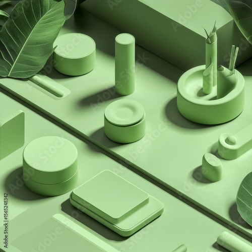 Curated Pale Sage Green Objects on Smooth Surface with Leaves for Minimalist Aesthetic