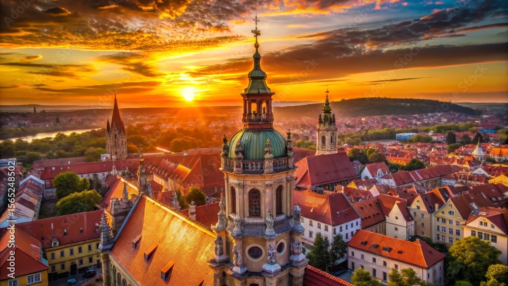 Fototapeta premium Golden Hour Illumination over a Picturesque European Cityscape Featuring Ancient Architecture and a Breathtaking Sunset