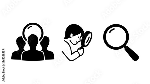 Vector Icons representing people searching for information or analyzing data with a magnifying glass