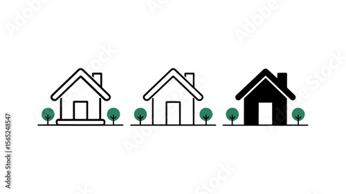 Vector Three simple house icons with green bushes representing real estate and property