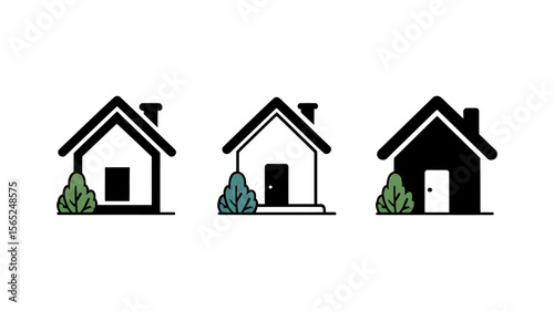 Vector Three simple house icons with green bushes representing real estate and property